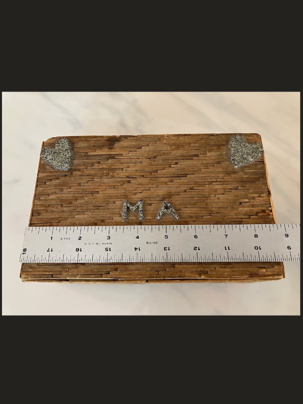 1930s Tramp Art Jewelry Box Tribute to Ma, Cigar Box, Matchwork Velvet Lining - Picture 7 of 7